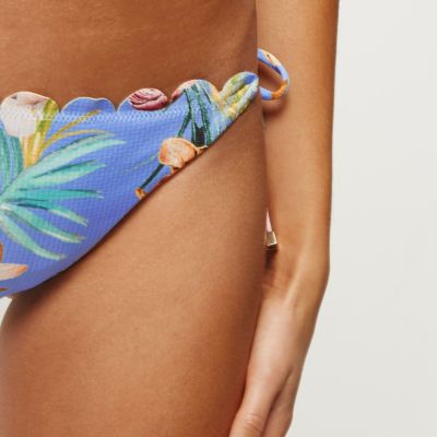 Blue floral scalloped string bikini bottoms